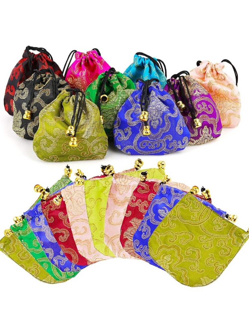 Embroidered Silk Brocade Drawstring Jewelry Pouch Bag - 30 Pcs Set